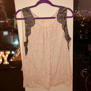 LOFT Light Pink Polka Dot Tank with Black Lace
